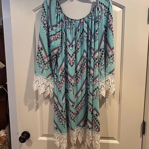 Turquoise Boho Lace Trim Tunic Dress